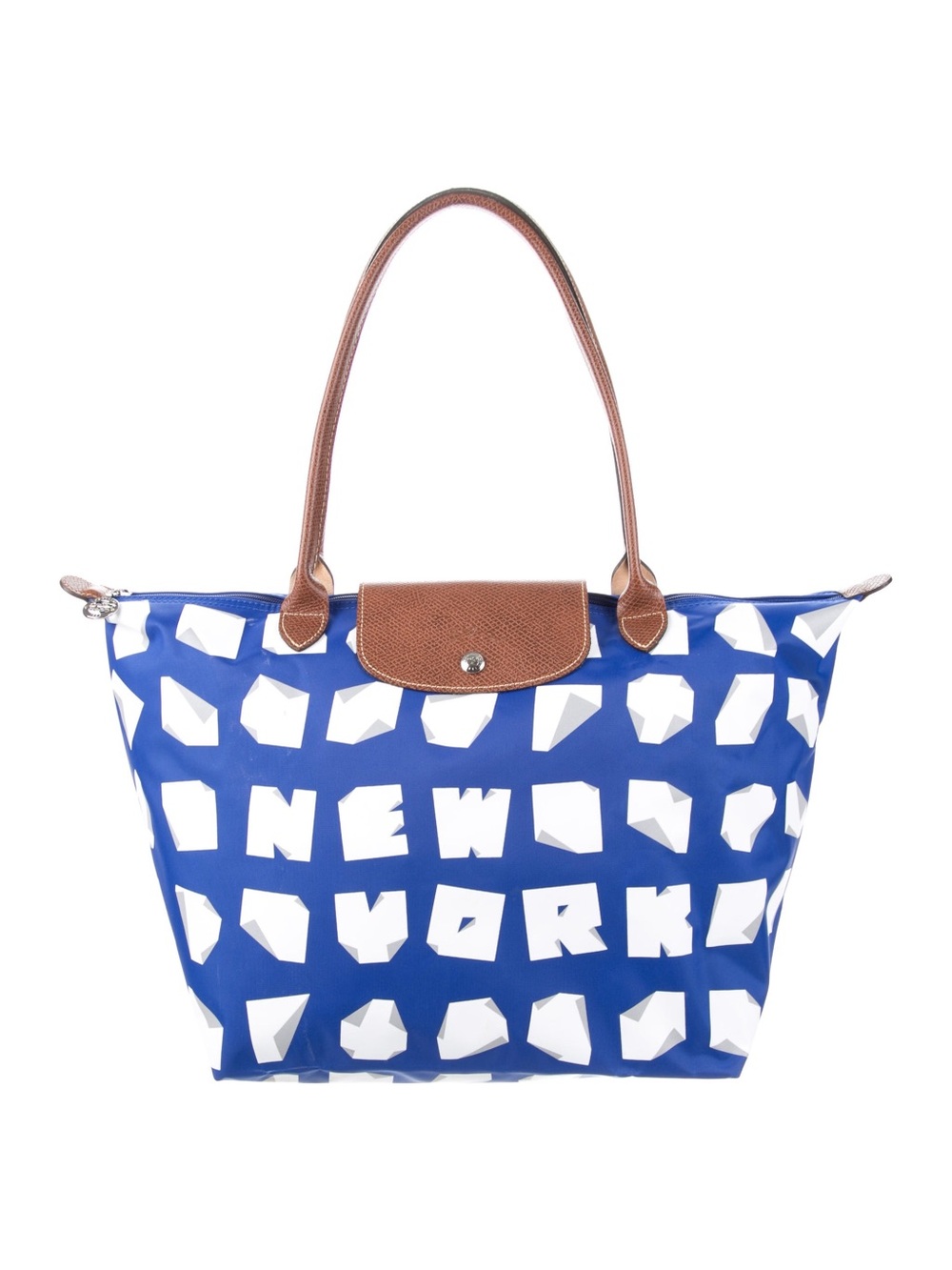 Blue Printed Tote with Brown Leather Trim